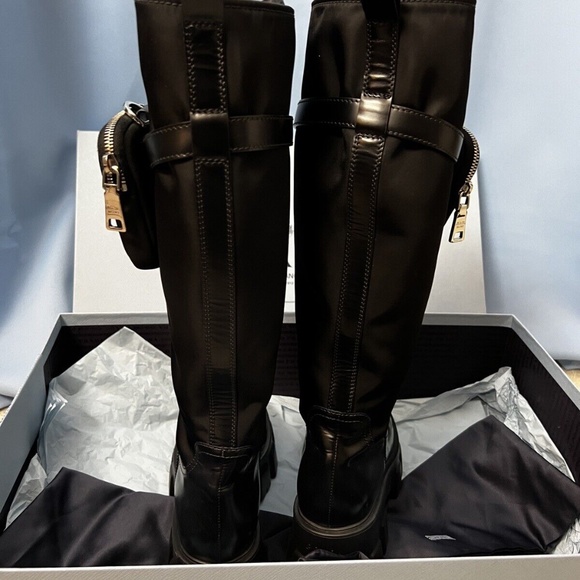 Prada Monolith Nylon Zip-Pocket Platform Riding Boots - Picture 6 of 11